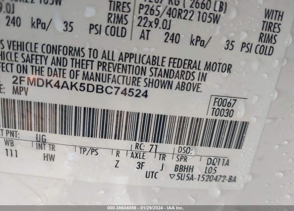 2013 FORD EDGE SPORT VIN: 2FMDK4AK5DBC74524
