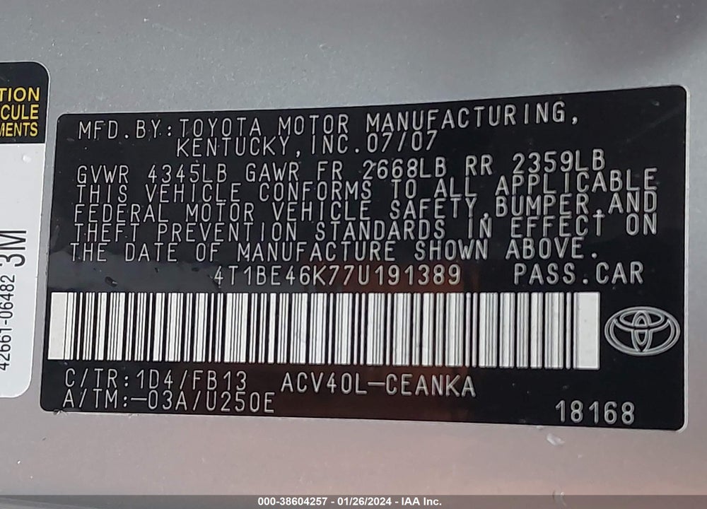 2007 TOYOTA CAMRY LE VIN: 4T1BE46K77U191389