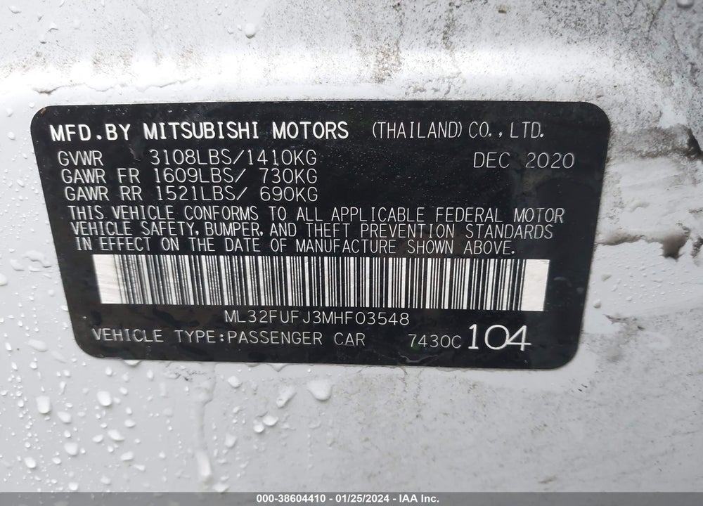 2021 MITSUBISHI MIRAGE G4 CARBONITE EDITION/ES/LE VIN: ML32FUFJ3MHF03548