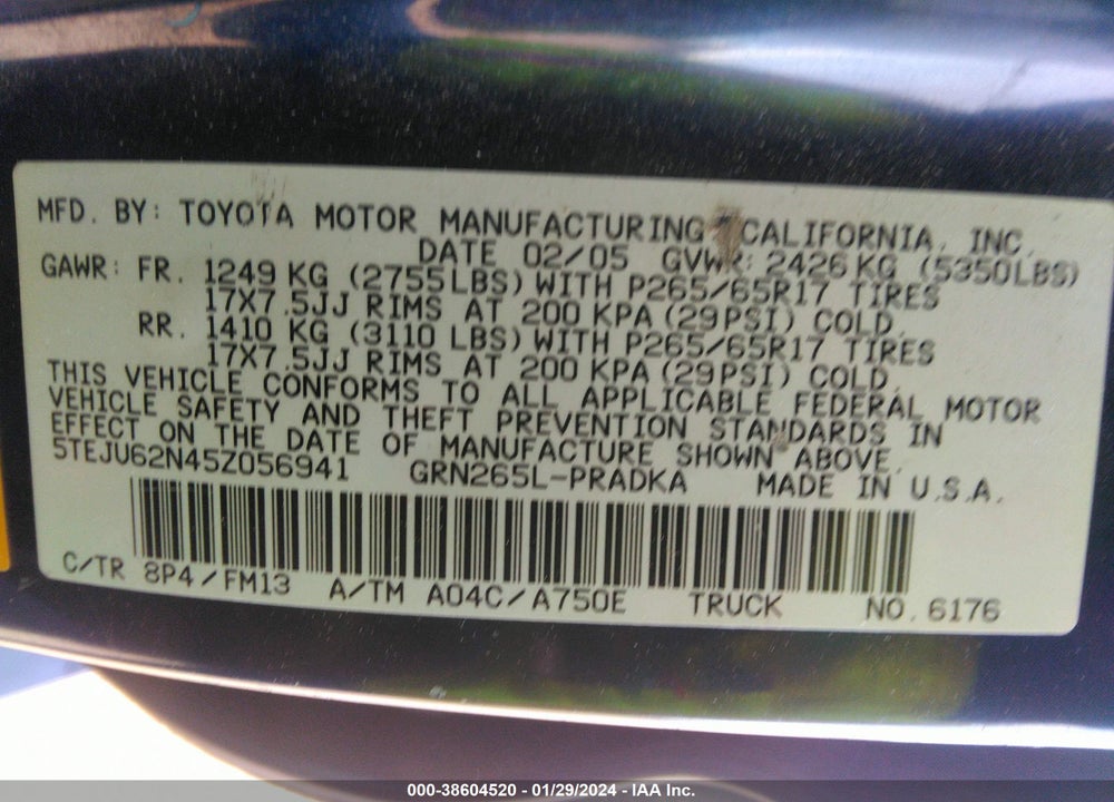 2005 TOYOTA TACOMA PRERUNNER V6 VIN: 5TEJU62N45Z056941