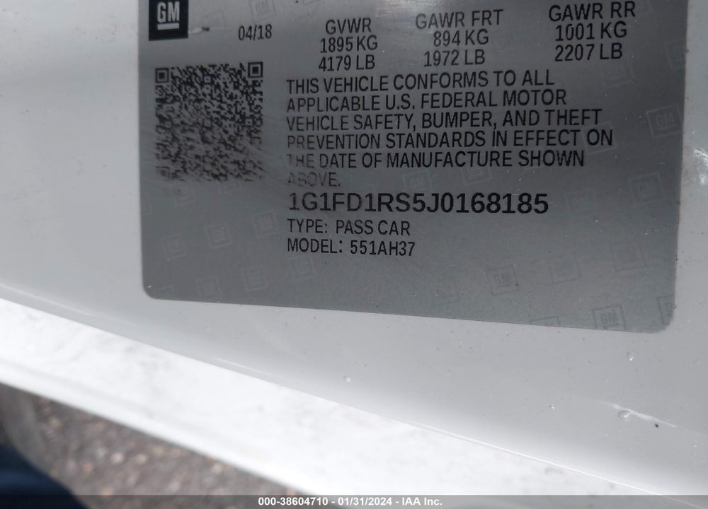 2018 CHEVROLET CAMARO 2LT VIN: 1G1FD1RS5J0168185