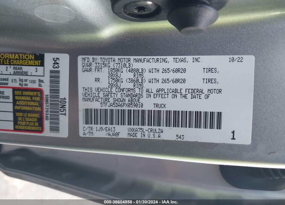 2023 TOYOTA TUNDRA LIMITED VIN: 5TFJA5DA6PX059010