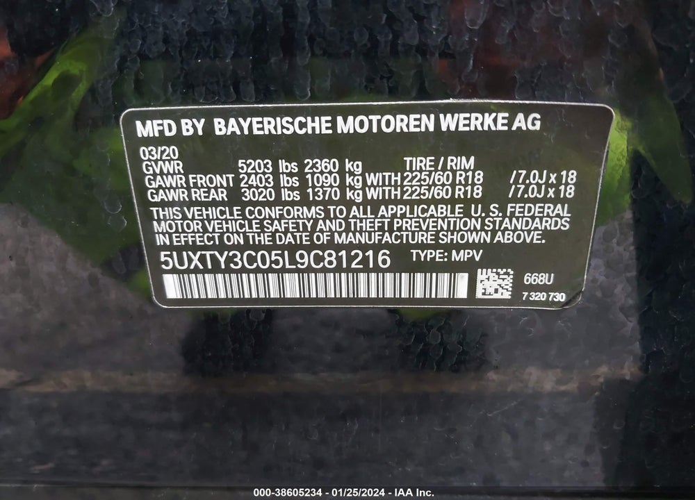 2020 BMW X3 SDRIVE30I VIN: 5UXTY3C05L9C81216