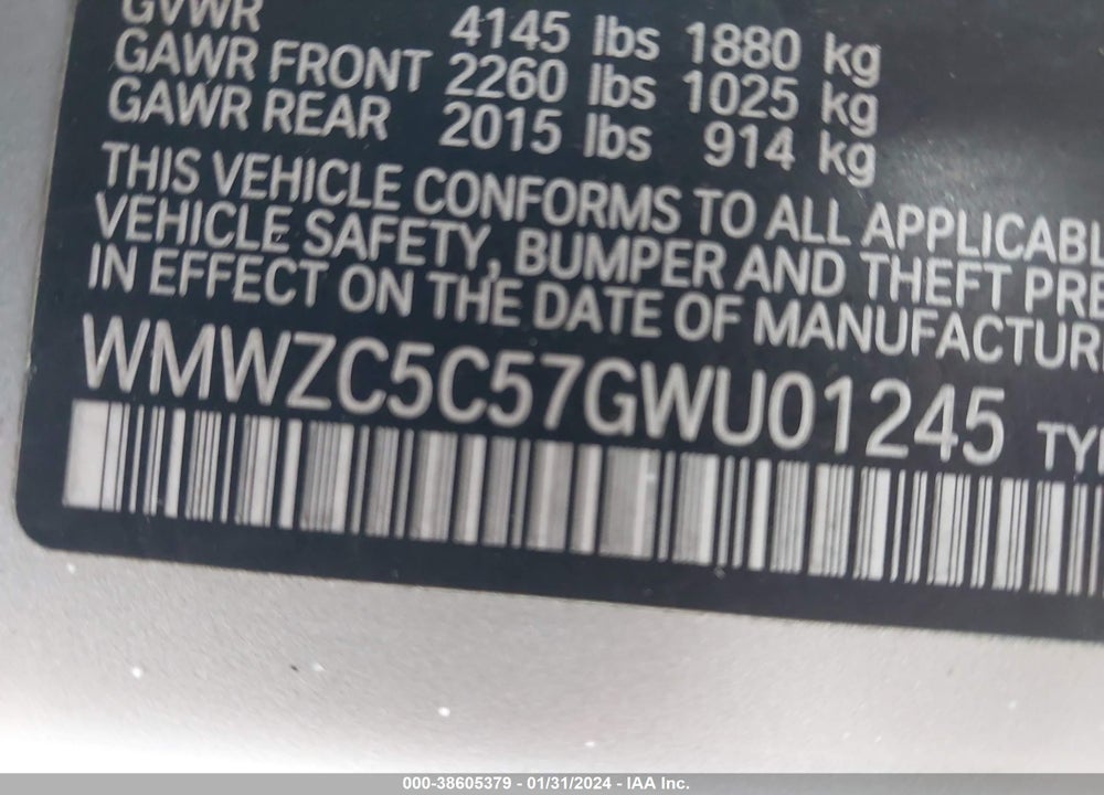 2016 MINI COUNTRYMAN COOPER S VIN: WMWZC5C57GWU01245
