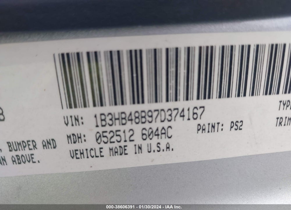 2007 DODGE CALIBER SXT VIN: 1B3HB48B97D374167