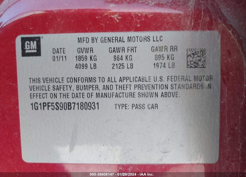 2011 CHEVROLET CRUZE 1LT VIN: 1G1PF5S90B7180931