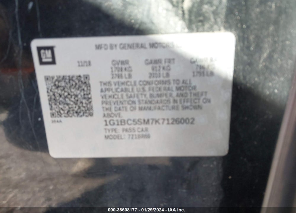2019 CHEVROLET CRUZE LS VIN: 1G1BC5SM7K7126002