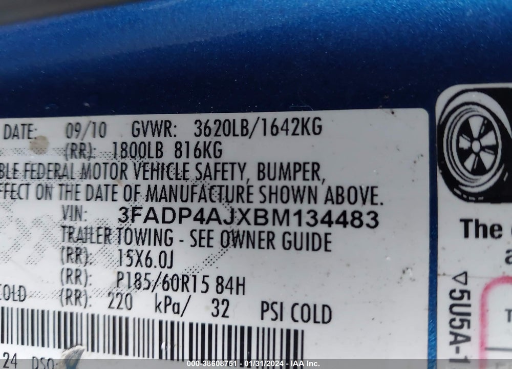2011 FORD FIESTA S VIN: 3FADP4AJXBM134483