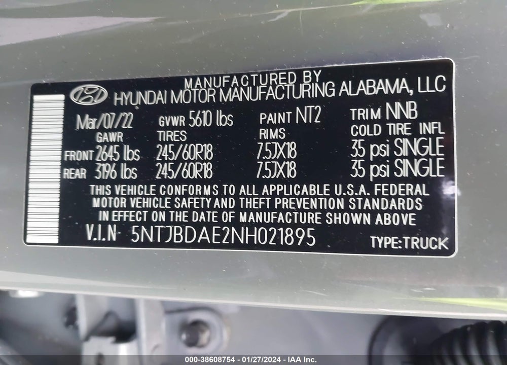 2022 HYUNDAI SANTA CRUZ SEL VIN: 5NTJBDAE2NH021895