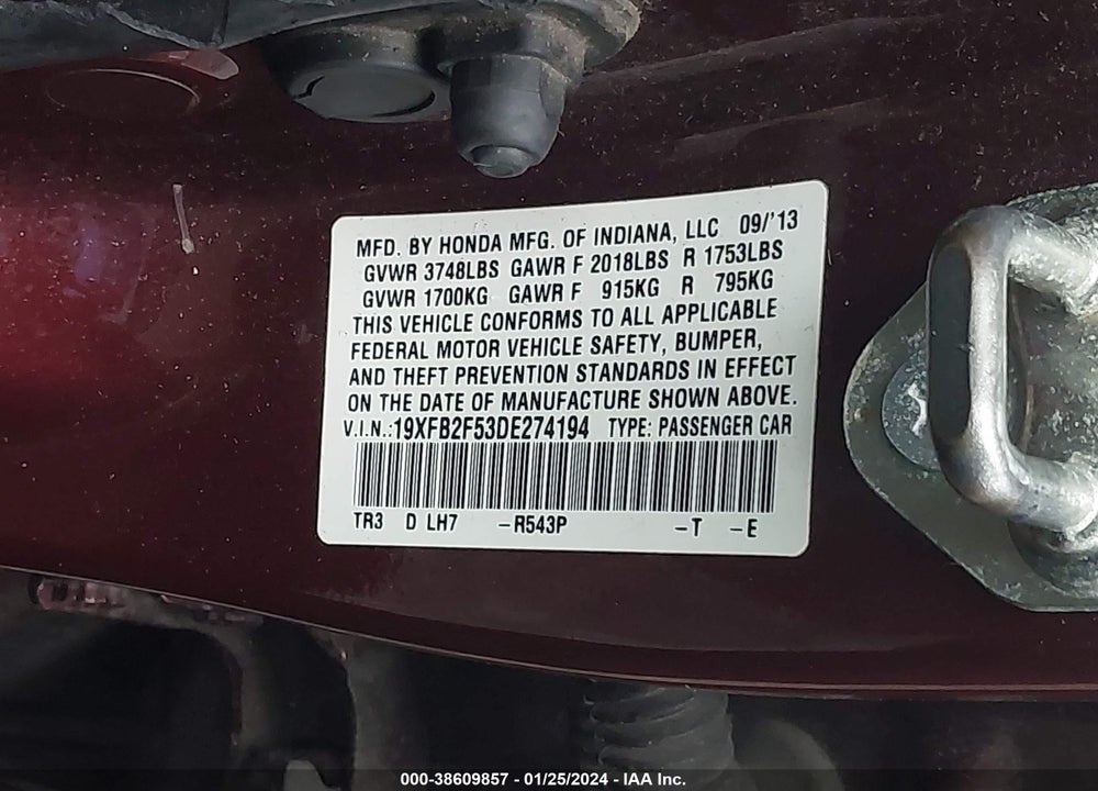 2013 HONDA CIVIC LX VIN: 19XFB2F53DE274194