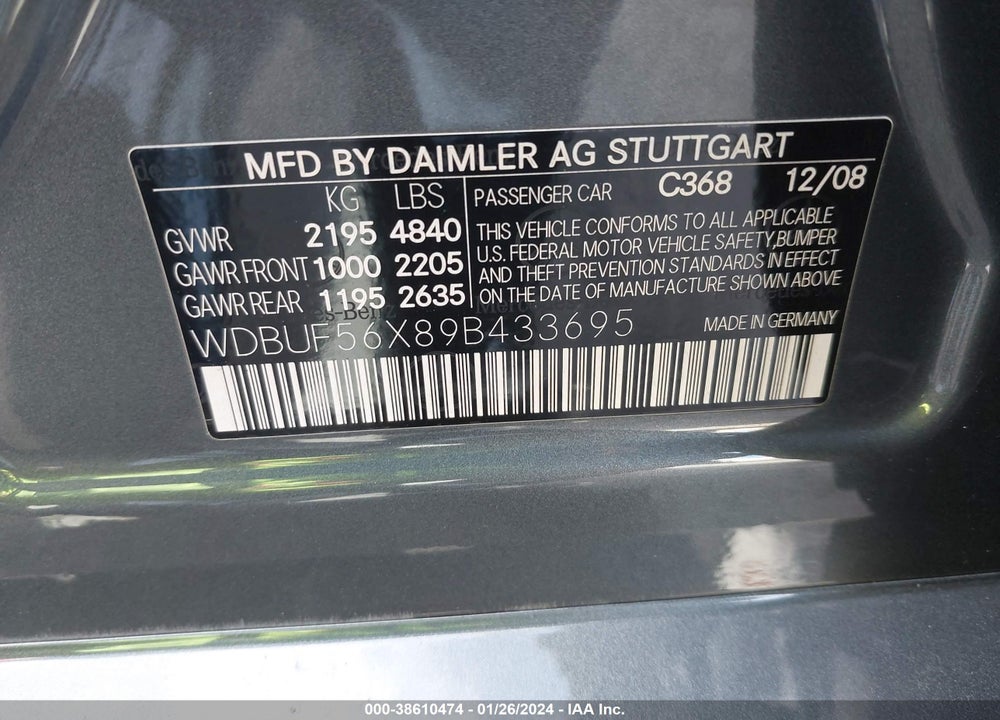 2009 MERCEDES-BENZ E 350 VIN: WDBUF56X89B433695