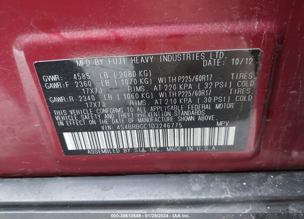 2013 SUBARU OUTBACK 2.5I PREMIUM VIN: 4S4BRBGC1D3246775