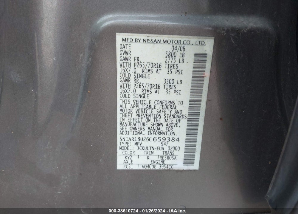 2006 NISSAN PATHFINDER SE VIN: 5N1AR18U26C659384