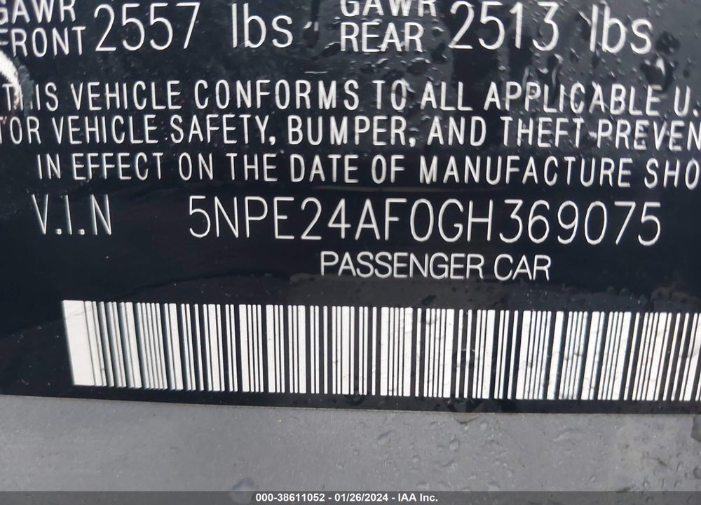 2016 HYUNDAI SONATA SE VIN: 5NPE24AF0GH369075