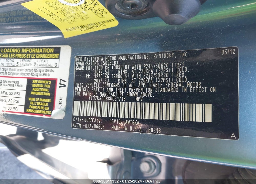 2012 TOYOTA VENZA LE V6 VIN: 4T3ZK3BB8CU051716