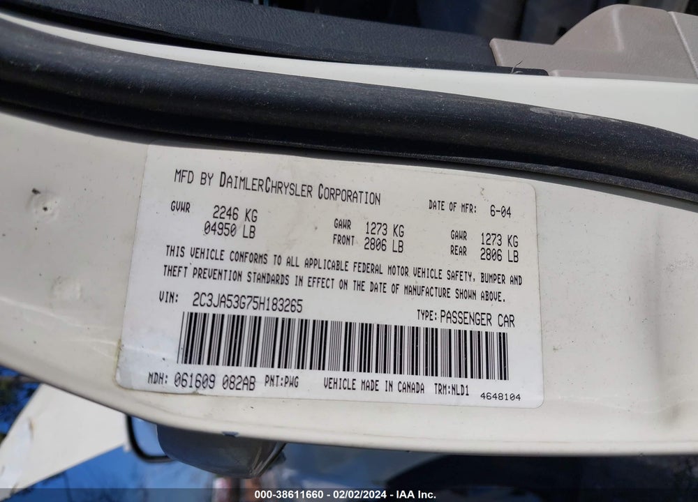 2005 CHRYSLER 300 TOURING VIN: 2C3JA53G75H183265