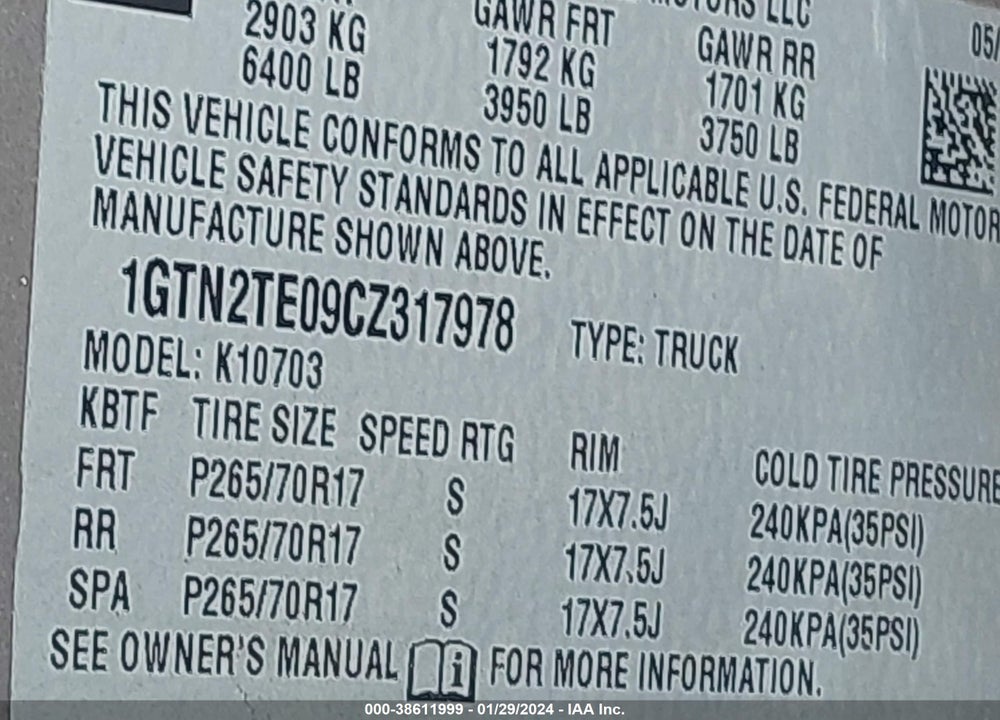 2012 GMC SIERRA 1500 WORK TRUCK VIN: 1GTN2TE09CZ317978