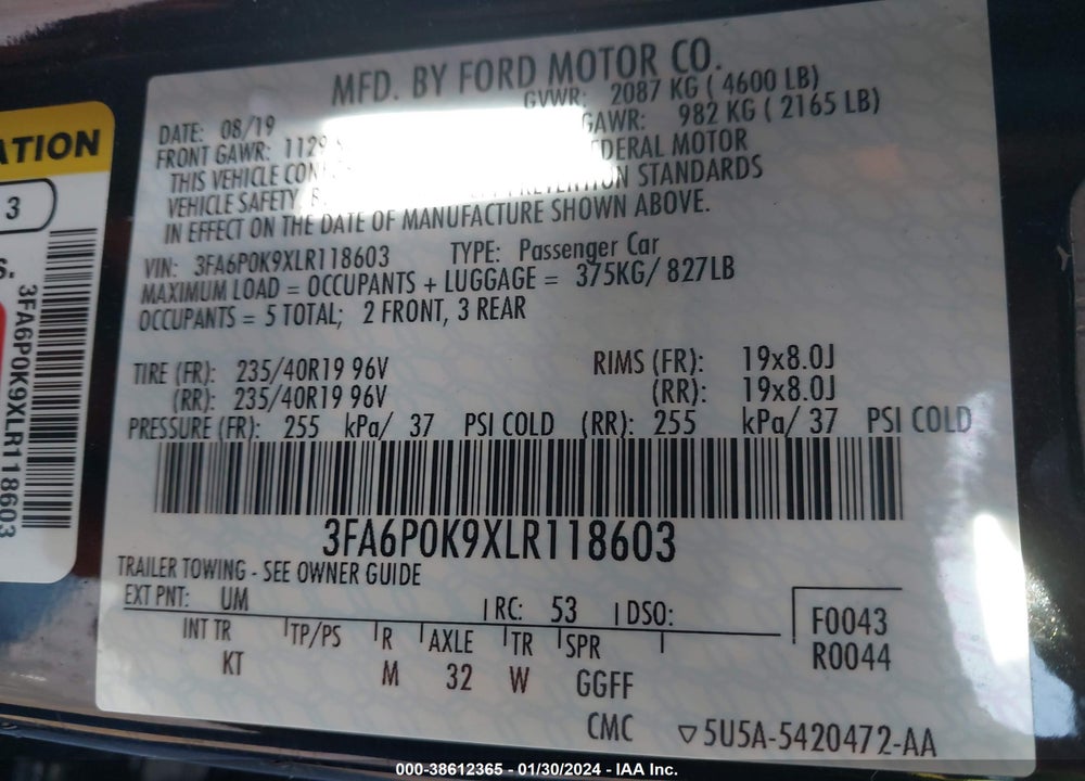 2020 FORD FUSION TITANIUM VIN: 3FA6P0K9XLR118603