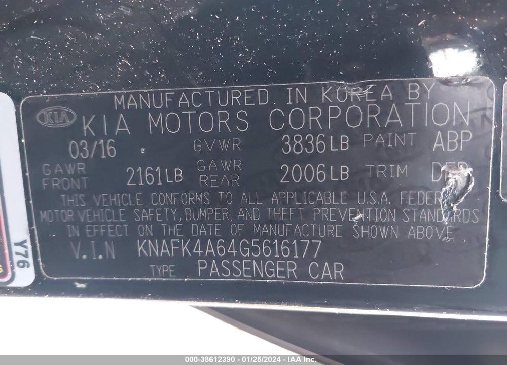 2016 KIA FORTE VIN: KNAFK4A64G5616177