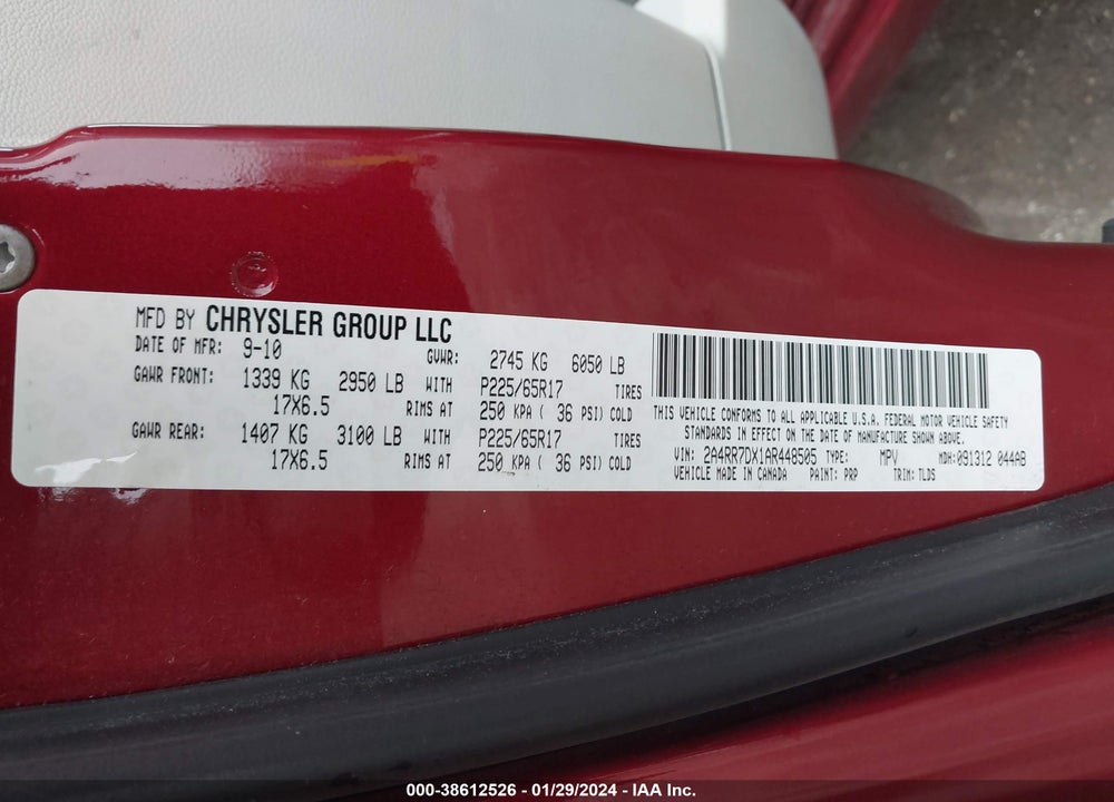 2010 CHRYSLER TOWN & COUNTRY NEW LIMITED VIN: 2A4RR7DX1AR448505