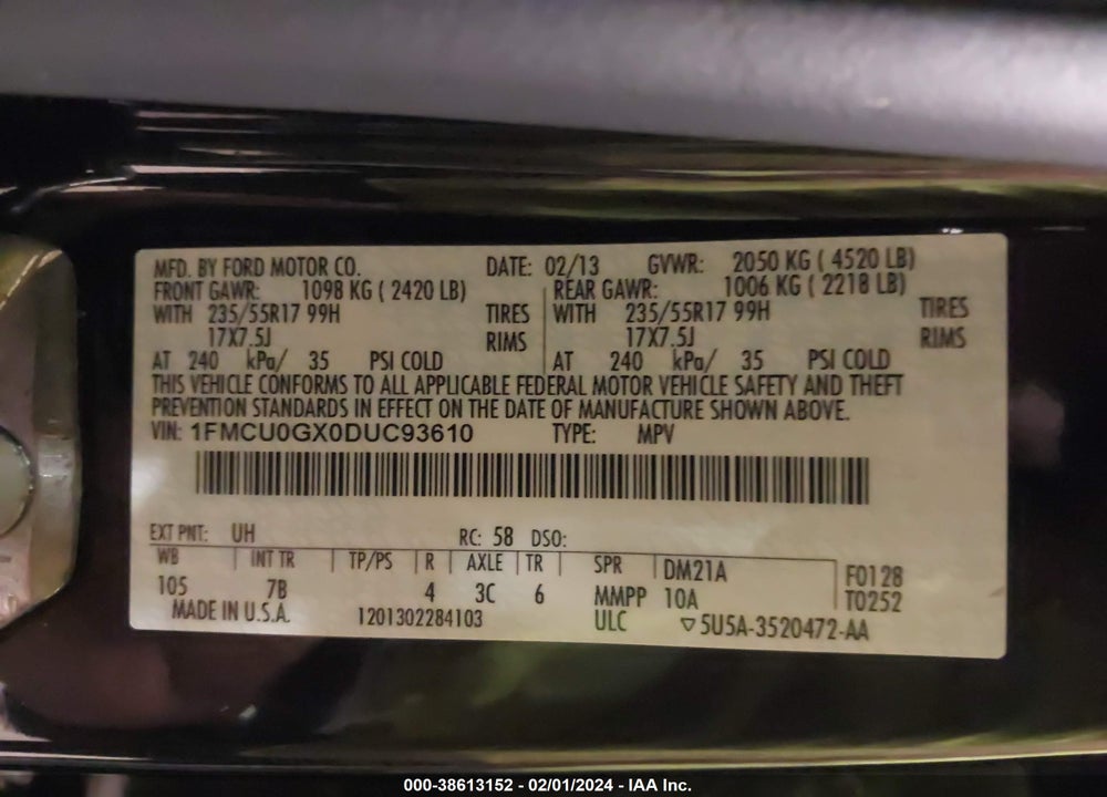 2013 FORD ESCAPE SE VIN: 1FMCU0GX0DUC93610