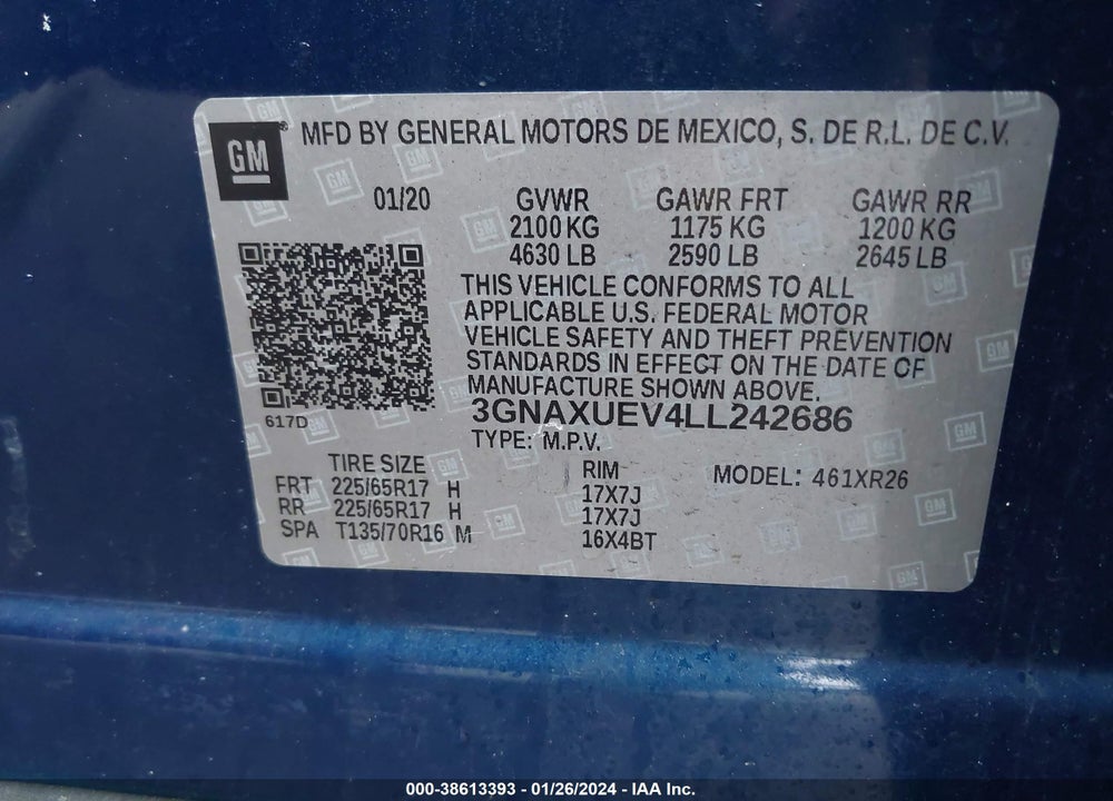 2020 CHEVROLET EQUINOX VIN: 3GNAXUEV4LL242686