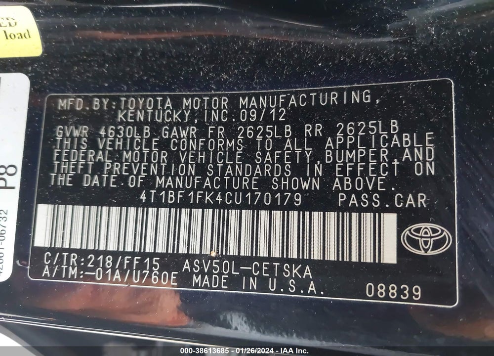 2012 TOYOTA CAMRY SE LIMITED EDITION VIN: 4T1BF1FK4CU170179