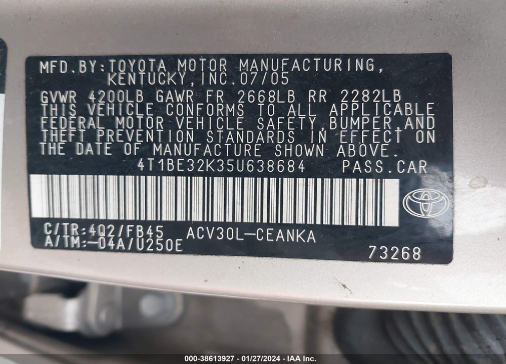 2005 TOYOTA CAMRY LE VIN: 4T1BE32K35U638684