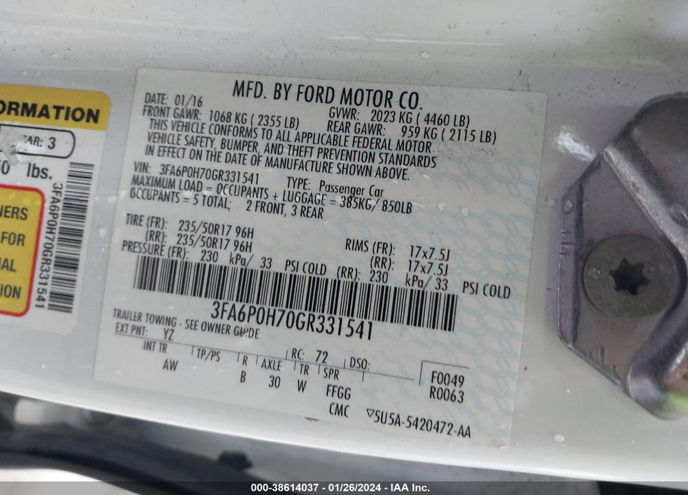 2016 FORD FUSION SE VIN: 3FA6P0H70GR331541