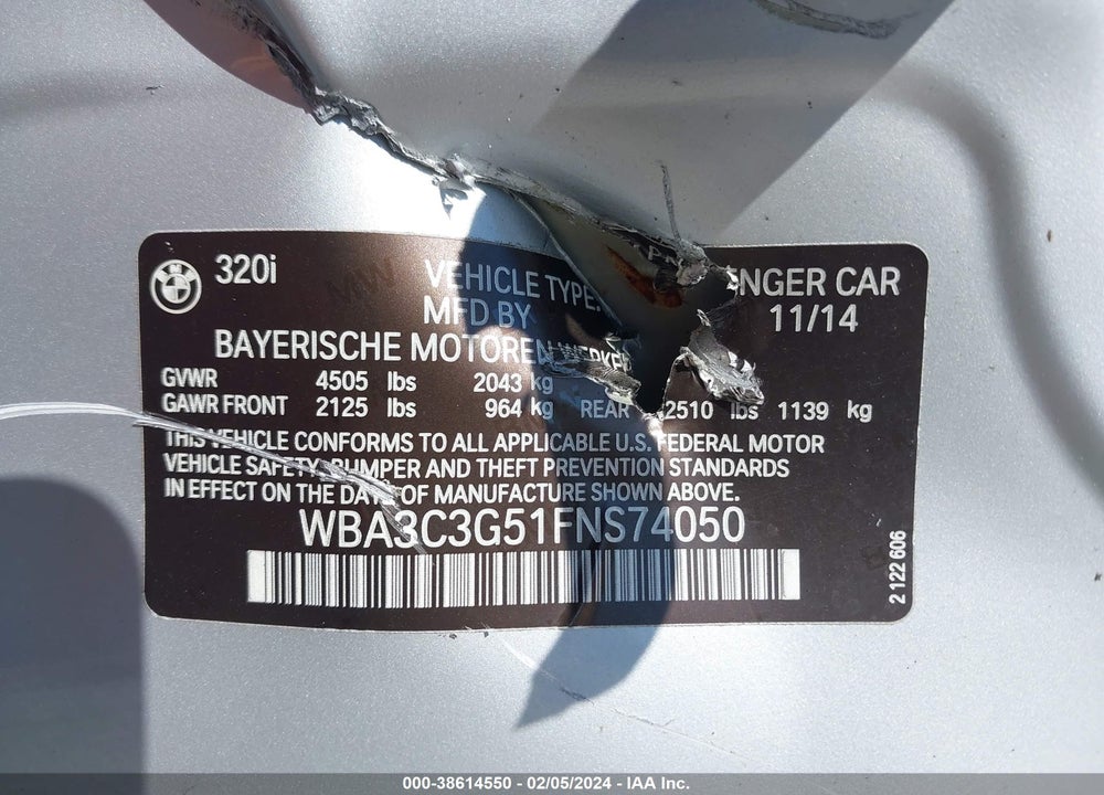 2015 BMW 320I XDRIVE VIN: WBA3C3G51FNS74050