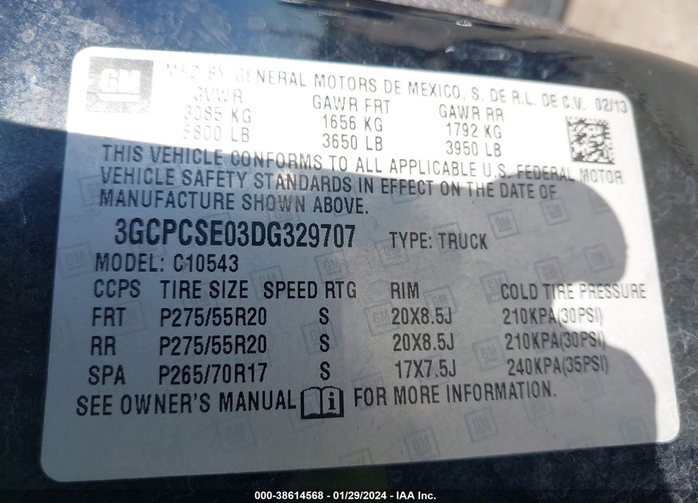 2013 CHEVROLET SILVERADO 1500 LT VIN: 3GCPCSE03DG329707