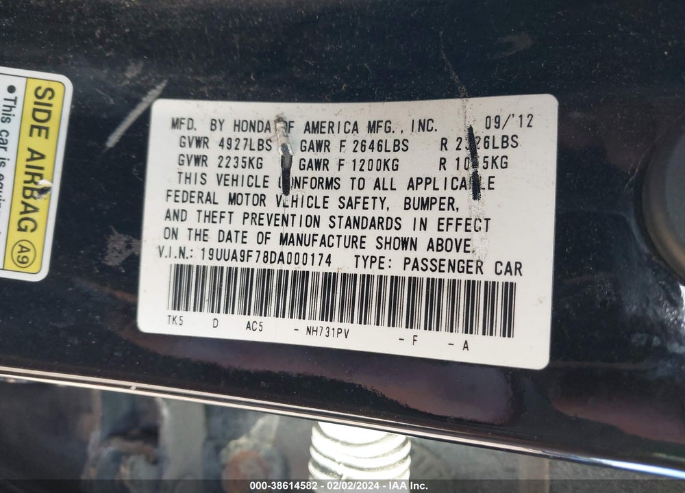2013 ACURA TL 3.7 VIN: 19UUA9F78DA000174