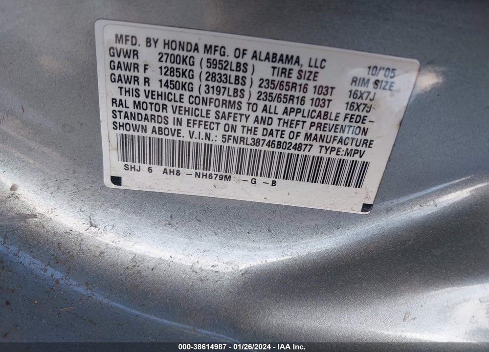 2006 HONDA ODYSSEY EXL VIN: 5FNRL38746B024877