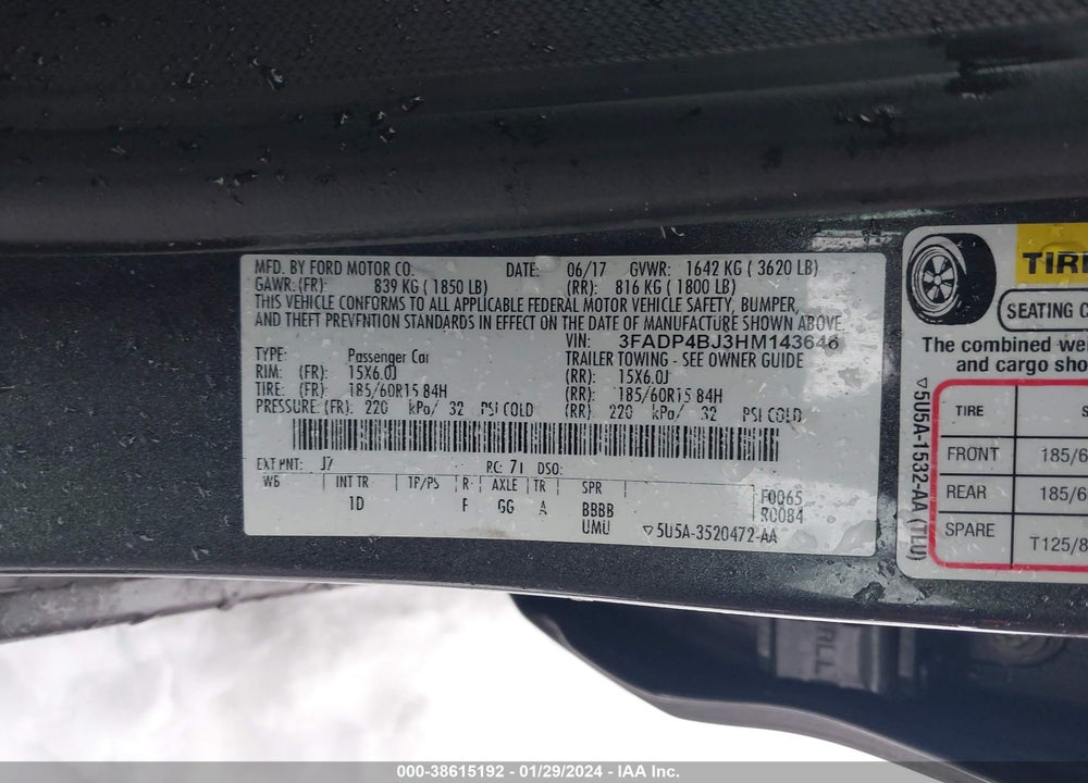 2017 FORD FIESTA SE VIN: 3FADP4BJ3HM143646