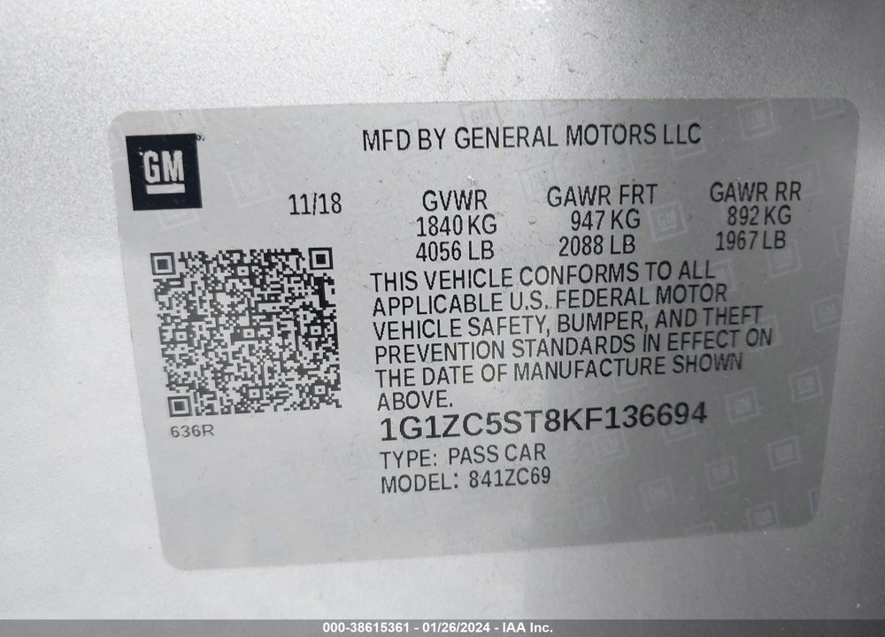 2019 CHEVROLET MALIBU VIN: 1G1ZC5ST8KF136694