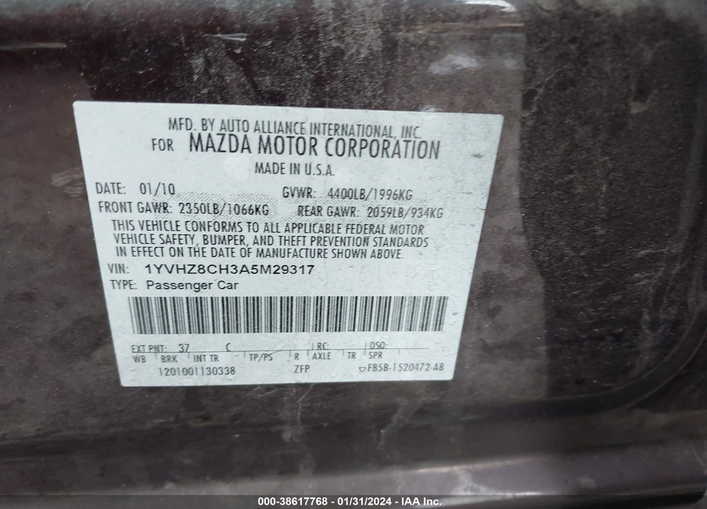2010 MAZDA 6 I TOURING VIN: 1YVHZ8CH3A5M29317