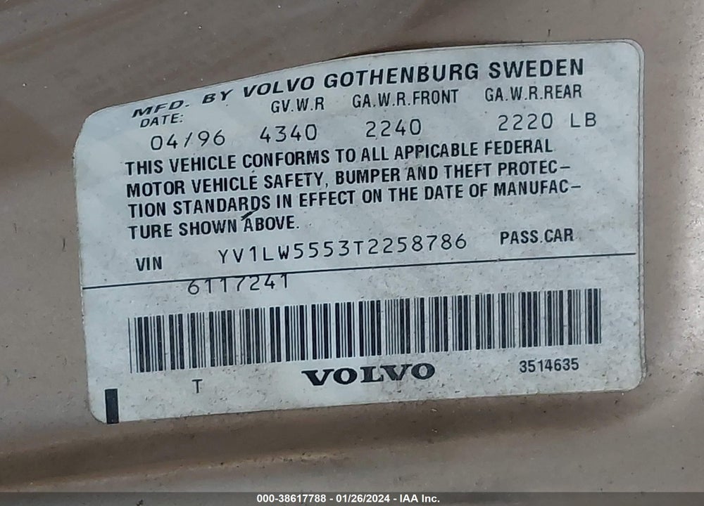 1996 VOLVO 850 GLT VIN: YV1LW5553T2258786