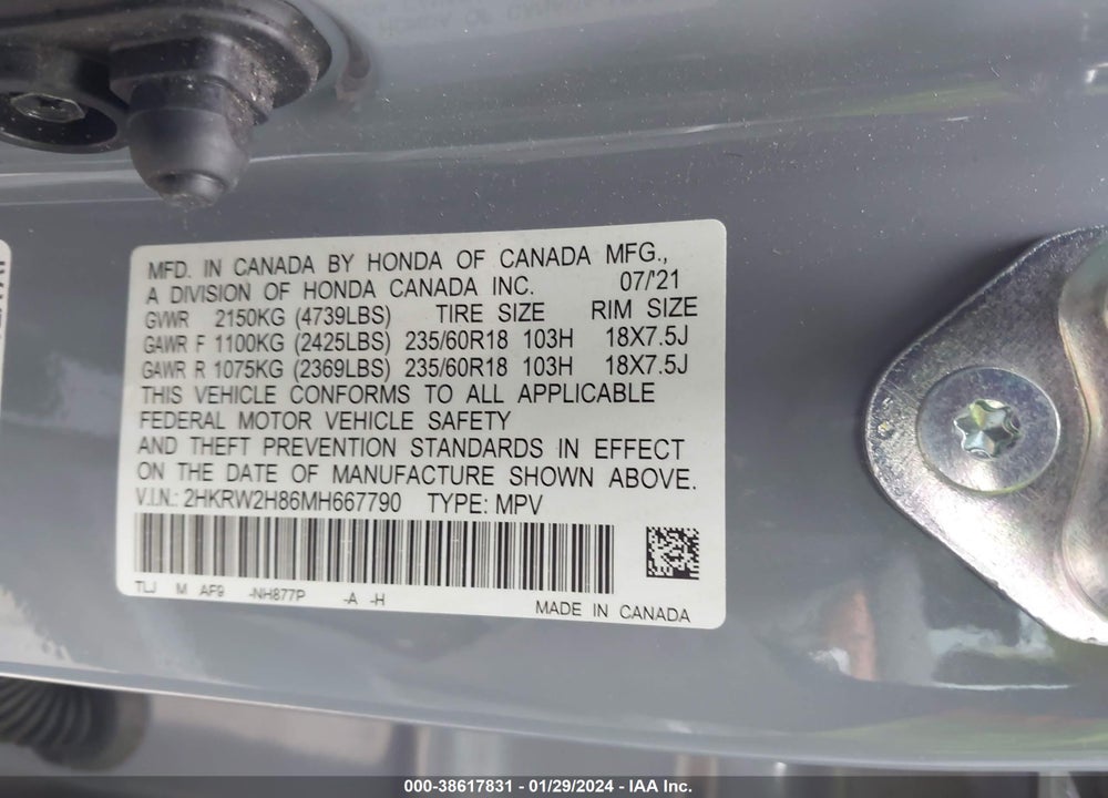 2021 HONDA CR-V AWD EX-L VIN: 2HKRW2H86MH667790