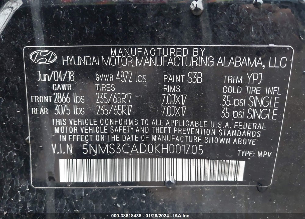 2019 HYUNDAI SANTA FE VIN: 5NMS3CAD0KH001705