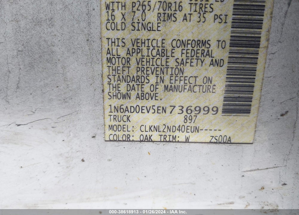 2014 NISSAN FRONTIER PRO-4X/S/SL/SV VIN: 1N6AD0EV5EN736999