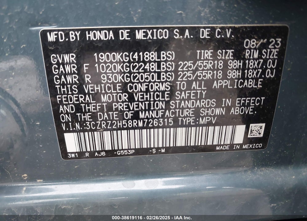 2024 HONDA HR-V VIN: 3CZRZ2H58RM726315