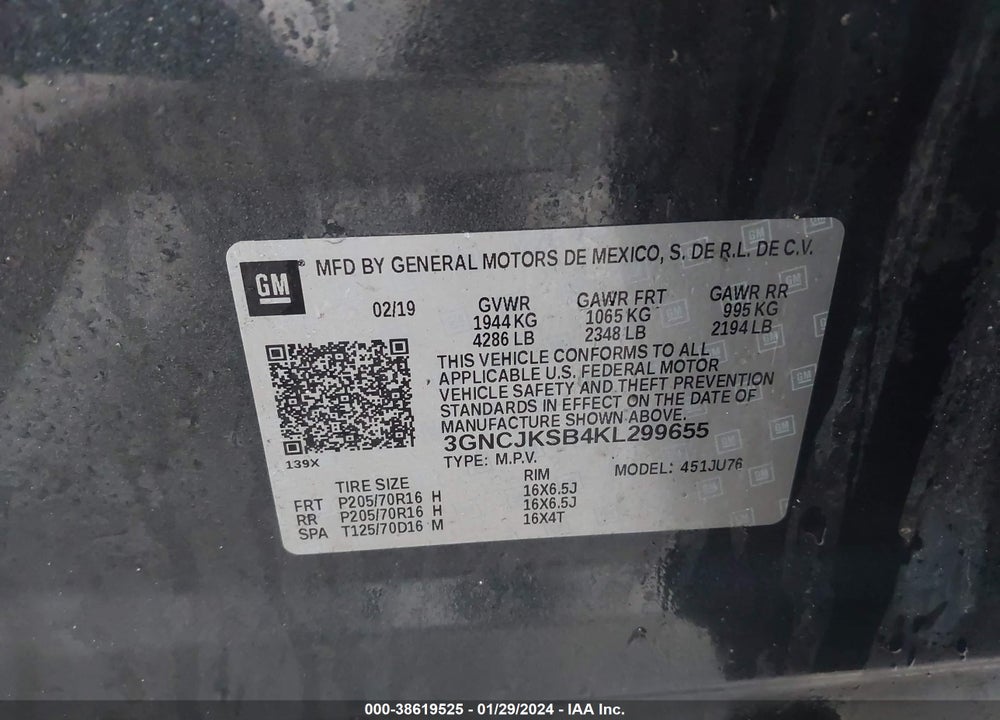 2019 CHEVROLET TRAX LS VIN: 3GNCJKSB4KL299655