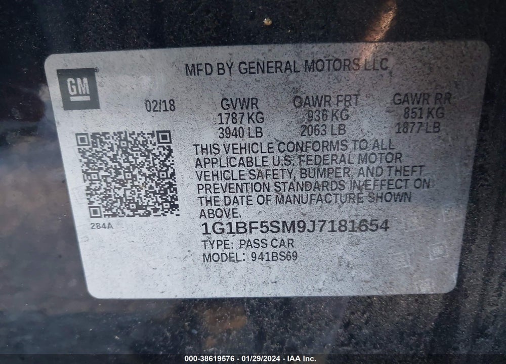 2018 CHEVROLET CRUZE PREMIER AUTO VIN: 1G1BF5SM9J7181654