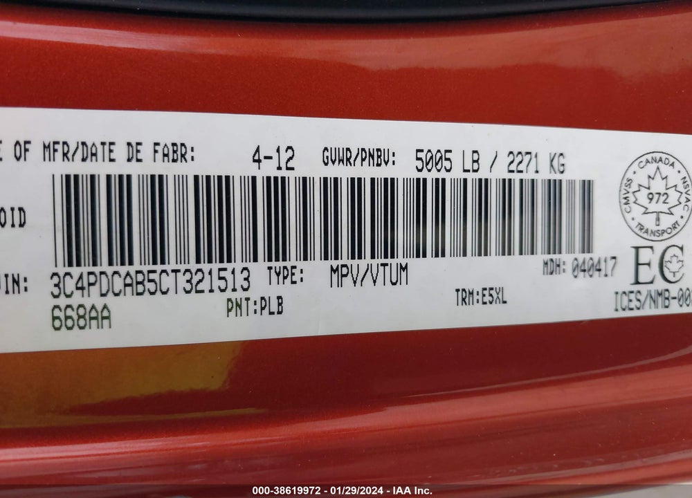 2012 DODGE JOURNEY CVP/SE PLUS VIN: 3C4PDCAB5CT321513