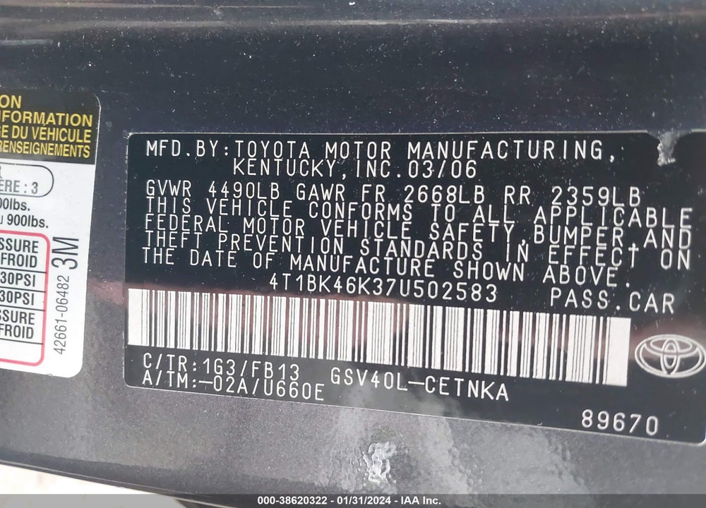2007 TOYOTA CAMRY LE V6 VIN: 4T1BK46K37U502583
