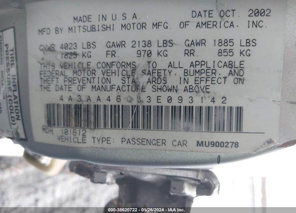 2003 MITSUBISHI GALANT ES/LS VIN: 4A3AA46G83E093142