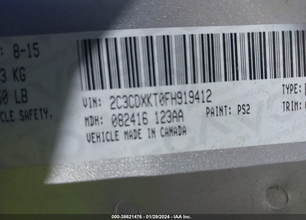 2015 DODGE CHARGER VIN: 2C3CDXKT0FH919412