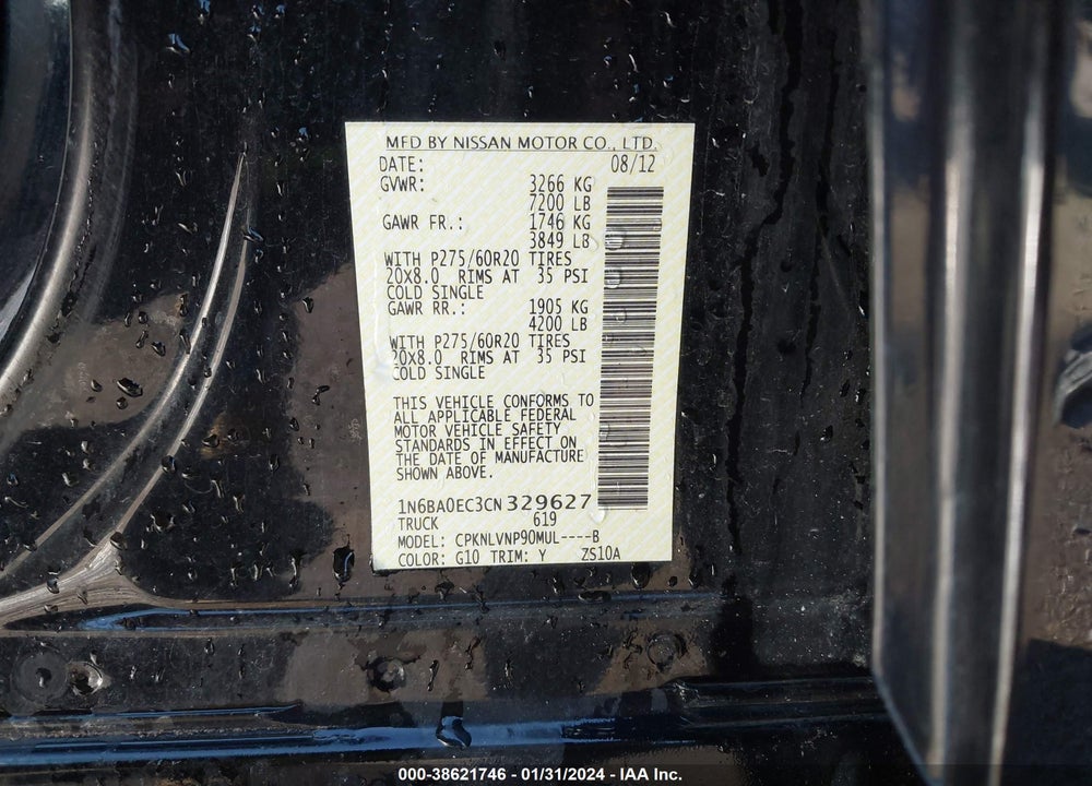 2012 NISSAN TITAN SL VIN: 1N6BA0EC3CN329627