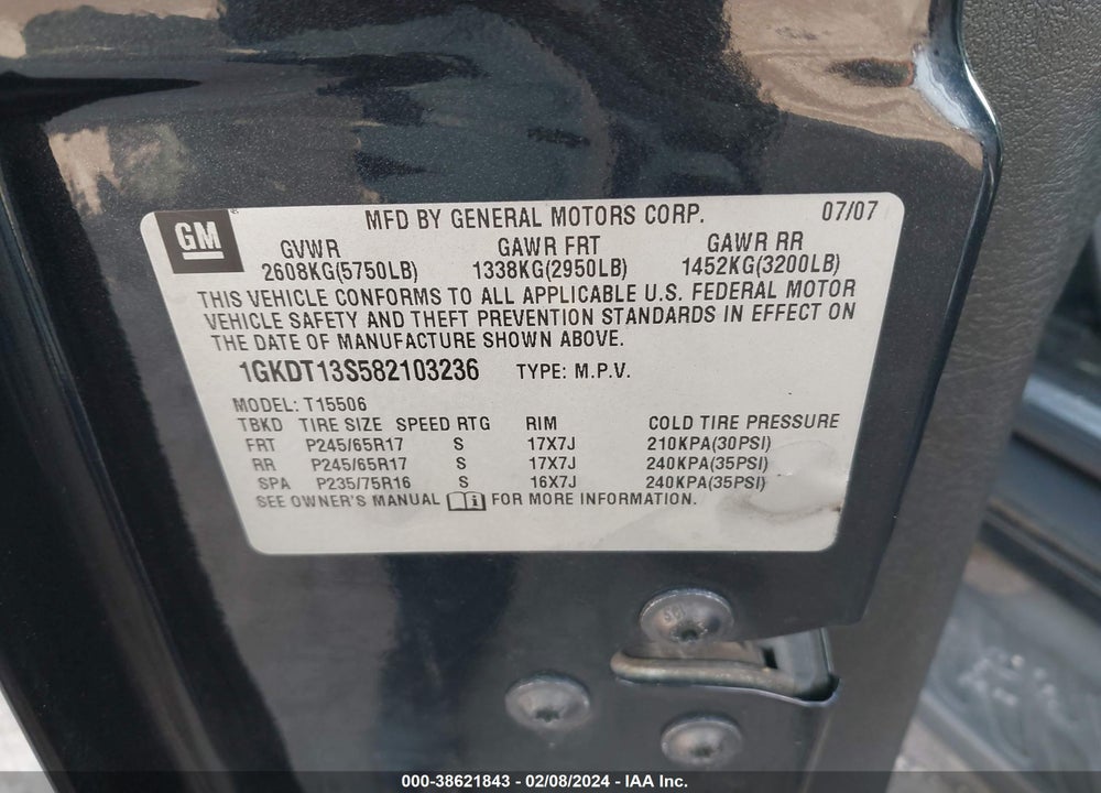 2008 GMC ENVOY SLE VIN: 1GKDT13S582103236