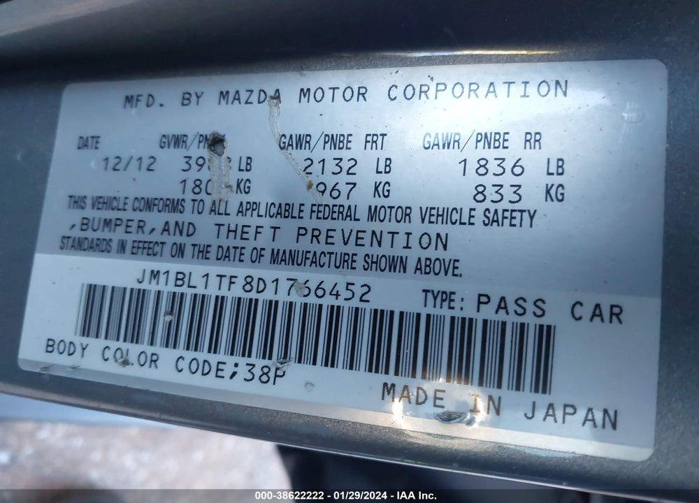 2013 MAZDA 3 I SV VIN: JM1BL1TF8D1766452